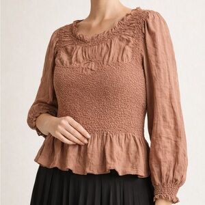 Anthropologie Smocked Peplum Blouse XL NWT Brown Cottagecore Feminine Top